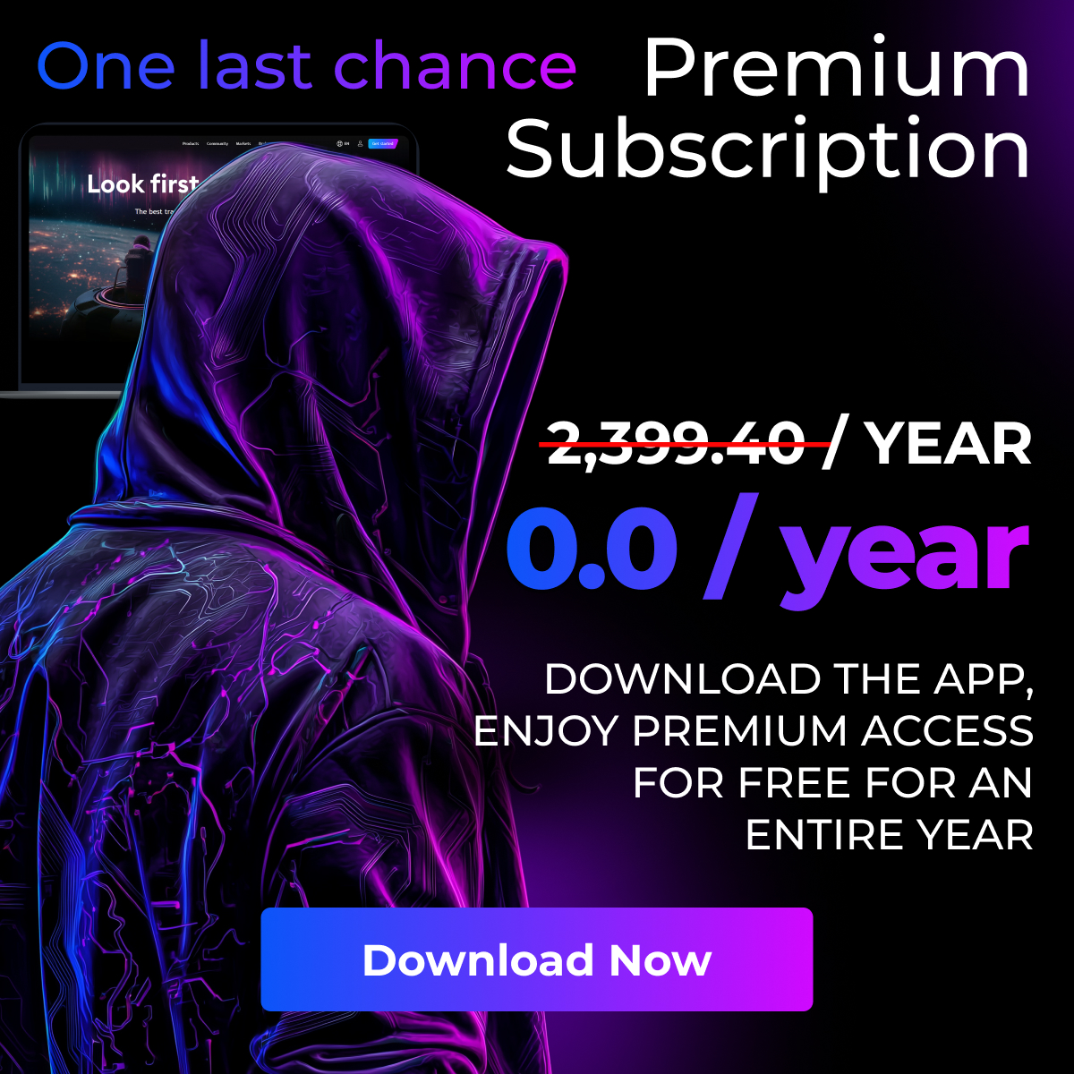 Neon premium desktop campaign creative with blue and violet light.
